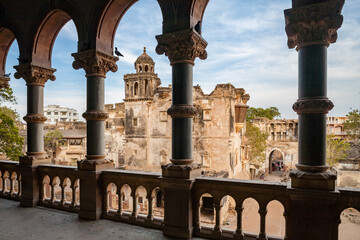 BHUJ, KUTCH, GUJARAT, INDIA: Aina Mahal and courtyard seen from a decorated balcony of Prag Mahal