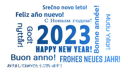 illustration of a word cloud with the message happy new year in blue and in different languages