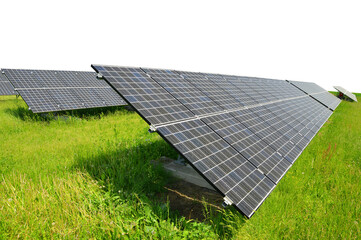 Solar energy panels on the meadow  isolated on transparent background, PNG. Photovoltaic power plant.