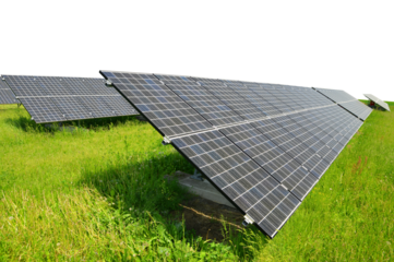 Solar energy panels on the meadow  isolated on transparent background, PNG. Photovoltaic power plant.