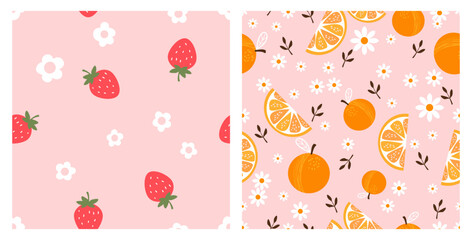 Seamless pattern with strawberries and daisy flower on pink backgrounds vector illustration. Seamless pattern with orange fruit and branches on pink background vector illustration.