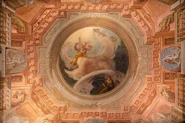 FERRARA, ITALY - NOVEMBER 9, 2021: The  ceiling frescoes in the  palace Palazzo Costabili.