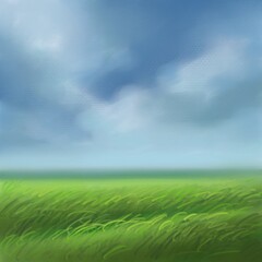 Fototapeta na wymiar green grass and blue sky digital art for card illustration background