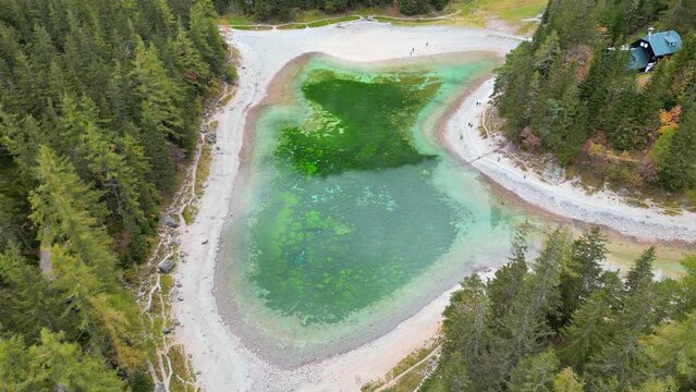 Aerial Drone Footage of the Green Lake in St. Katharein Trag&ouml;&szlig;, Styria, Austria