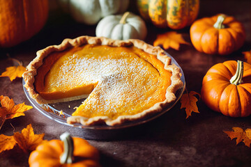 Homemade american traditional pumpkin pie, decorated with autumn fallen leaves and pumpkins