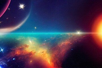 Obraz na płótnie Canvas Space scene with planets, stars and galaxies. Panorama. Horizontal view for a glass panels. Template banner