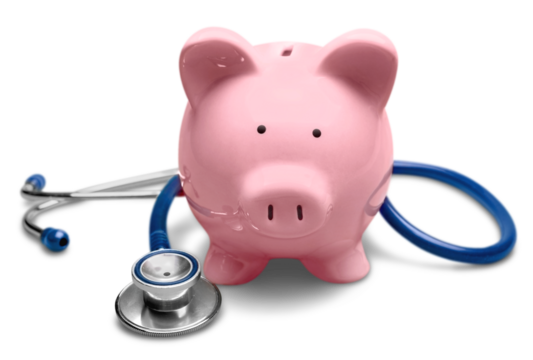 Piggy bank with medical stethoscope isolated on white, health insurance