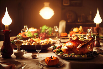 Naklejka premium Thanksgiving dinner table served with turkey, decorated with pumpkins, candles, autumn leaves