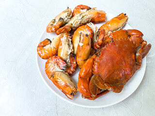 SPINY ROCK CRAB, fresh crab rock wild freshwater cook on white plate, forest crab or stone crab river
