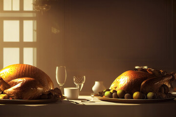 Obraz na płótnie Canvas Thanksgiving dinner table served with turkey, decorated with pumpkins, candles, autumn leaves