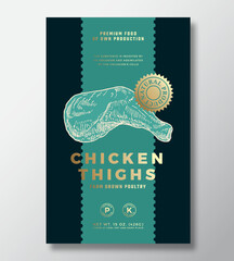 Farm Grown Chicken Thighs Abstract Vector Packaging Label Design Template. Modern Typography Banner, Hand Drawn Poultry Sketch Silhouette. Color Paper Background Layout with Gold Foil Isolated