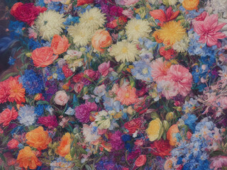 Fototapeta na wymiar Wild and densely grown flower meadow. Lushly colored, beautifully detailed. Digital artwork. 