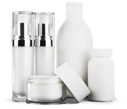 Set of cosmetic products in white containers isolated