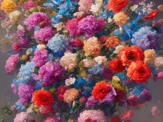 Fototapeta na wymiar Blooming and radiant flower arrangement. Lushly colored, beautifully detailed. Digital artwork. 