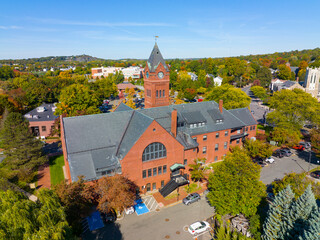 Winchester Town Hall aerial view in fall at Winchester Center Historic District, town of...