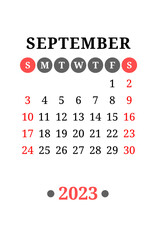 September calendar design 2023 year. English vector wall or pocket calender template. Week starts on Sunday