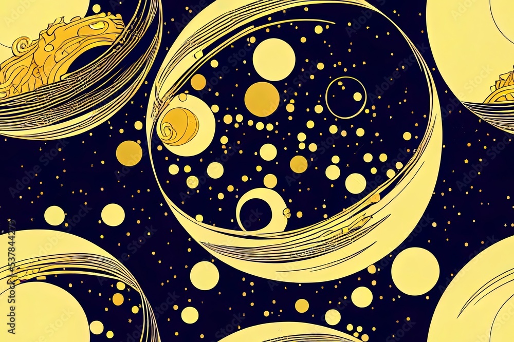 Poster japanese background with gold texture in circle shape 2d. moon and sun with abstract line pattern. t