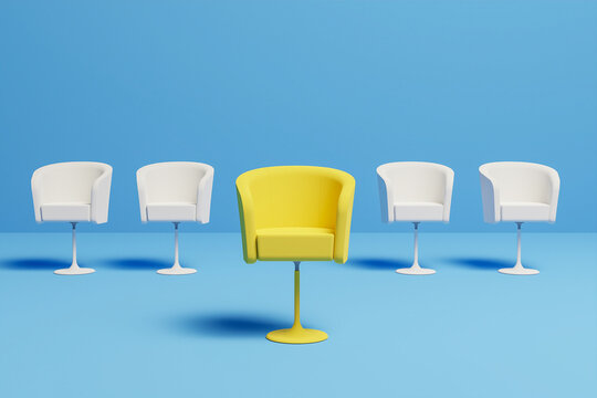 Yellow chair standing isolated on blue background. Recruitment and Human Resources Concepts. We are hiring you, job vacancy, recruiting staff, employer and candidate. 3D rendering.
