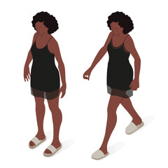 Young afro woman with underwear, woman body. Isometric vector illustration of a standing person.