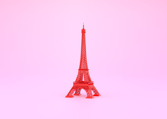 Red Paris Eiffel Tower on a pink background with copy space. Travel concept design. 3d rendering illustration