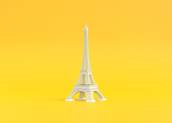 White Paris Eiffel Tower on a yellow background with copy space. Travel concept design. 3d rendering illustration