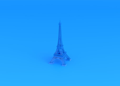 Paris Eiffel Tower on a blue background with copy space. Travel concept design. 3d rendering illustration