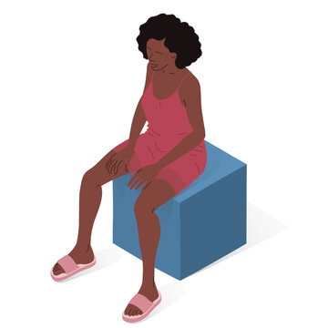 Young afro woman with underwear, woman body. Isometric vector illustration of a sitting person.