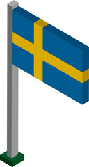 Sweden Flag on Flagpole in Isometric dimension.