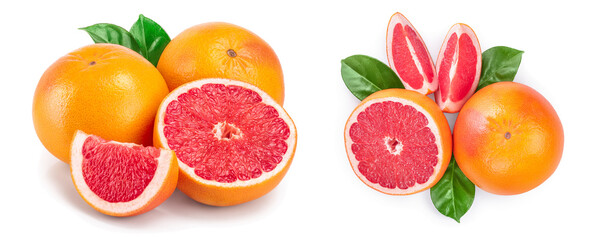 grapefruit and half with leaves isolated on white background