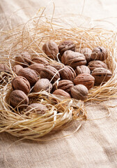 walnuts in a basket on a brown background  
