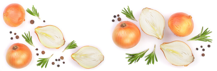 onions with rosemary and peppercorns isolated on white background with copy space for your text. Top view. Flat lay