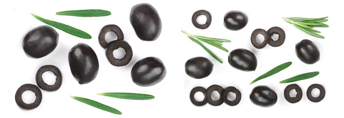 whole and sliced black olives with rosemary leaves isolated on white background. Top view. Flat lay pattern