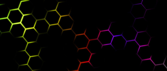 Dark hexagon abstract technology background with blue, green, yellow and pink colored bright flashes under hexagon