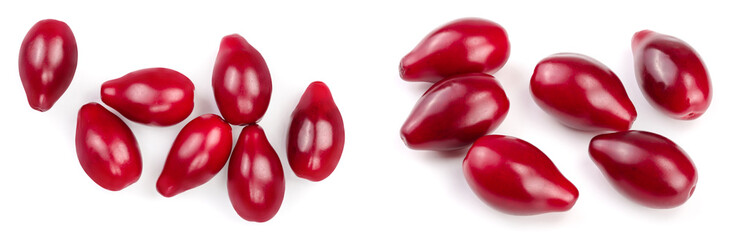 Red berries of cornel or dogwood isolated on white background. Top view. Flat lay