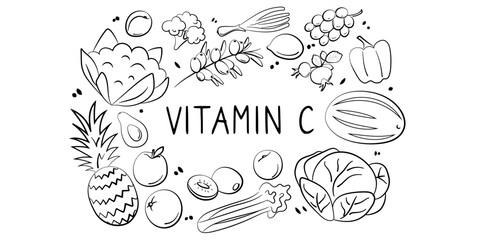 Vitamin C ascorbic acid. Groups of healthy products containing vitamins. Set of fruits, vegetables, meats, fish and dairy