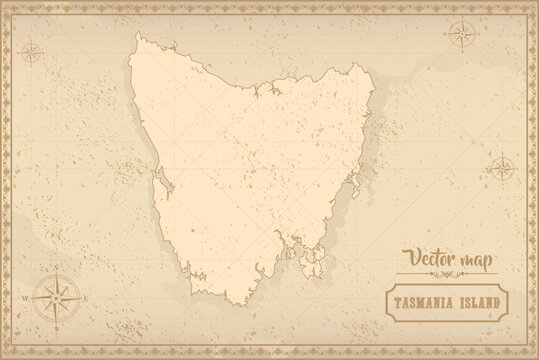 Map of Tasmania in the old style, brown graphics in retro fantasy style.