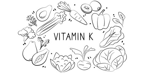 Vitamin K Phylloquinone. Groups of healthy products containing vitamins. Set of fruits, vegetables, meats, fish and dairy.