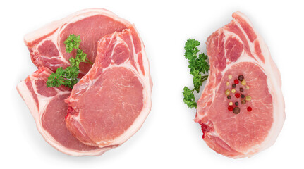 sliced raw pork meat with parsley isolated on white background. Top view. Flat lay