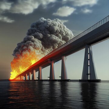 AI-generated digital art of an explosion on the bridge over a river with black smoke billows
