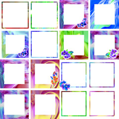 Square sublimation marble frames. Colored marble and watercolor flowers.Round silhouettes of patterns with an empty center. A set of isolated frames.