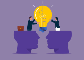 businessman and partner open their head to connect lightbulb jigsaw. Understanding lead to success, agreement solution to solve problem, team communication. Flat vector illustration.