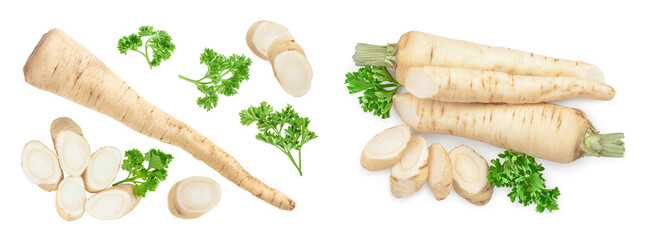 Parsley root with leaves isolated on white background, Top view. Flat lay - obrazy, fototapety, plakaty