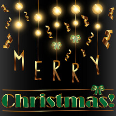 Merry Christmas card. Gold and green letters, serpentine and balls on a black background