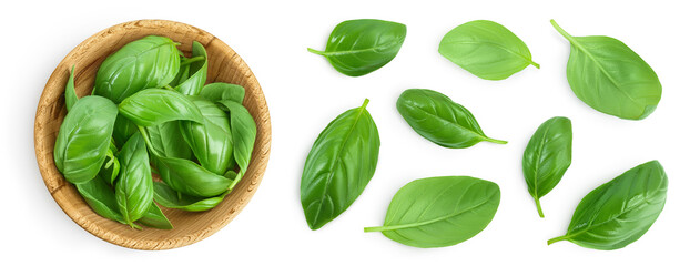 Fototapeta premium Fresh basil leaf in wooden bowl isolated on white background with full depth of field. Top view. Flat lay