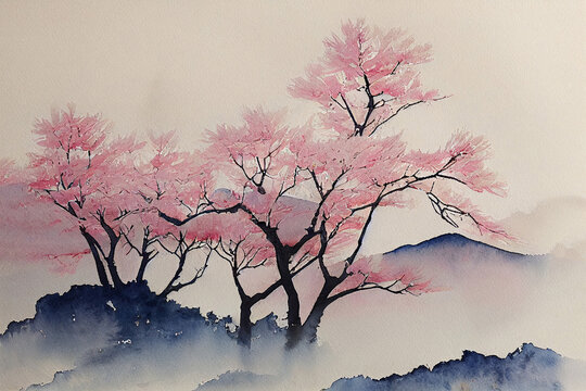 Hand drawn Japanese watercolor illustration. Sketch and watercolor background with Fuji, sakura