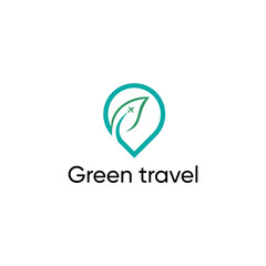Obraz premium Green Travel Logo. Eco-Friendly Plane and Leaf Symbol for Holiday, Tourism, and Air Tour Concept. Modern Vector Design with Map Pin, Nature Icon