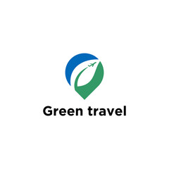 Green Travel Logo. Eco-Friendly Plane and Leaf Symbol for Holiday, Tourism, and Air Tour Concept. Modern Vector Design with Map Pin, Nature Icon