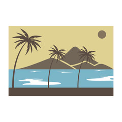 Fototapeta na wymiar beach illustration mountains and coconut trees landscape design vector