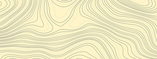 Yellow and black wavy abstract topographic map contour, lines Pattern background. Topographic map and landscape terrain texture grid. Wavy banner and color geometric form. Vector illustration.