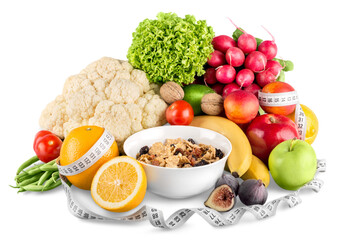 Diet weight loss breakfast concept with tape measure, fruit and cereal